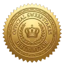 Gold circular seal with a crown and laurel wreath, labeled 'Official Sweepstakes Distributor' indicating authenticity.
