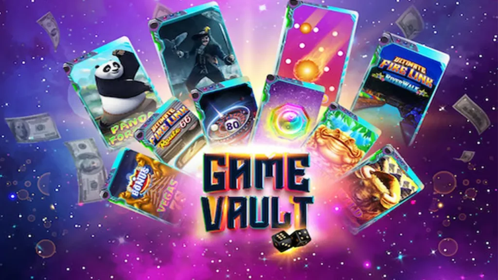 Colorful space-themed banner with glowing 'GAME VAULT' and floating game cards, dice, and money around it.