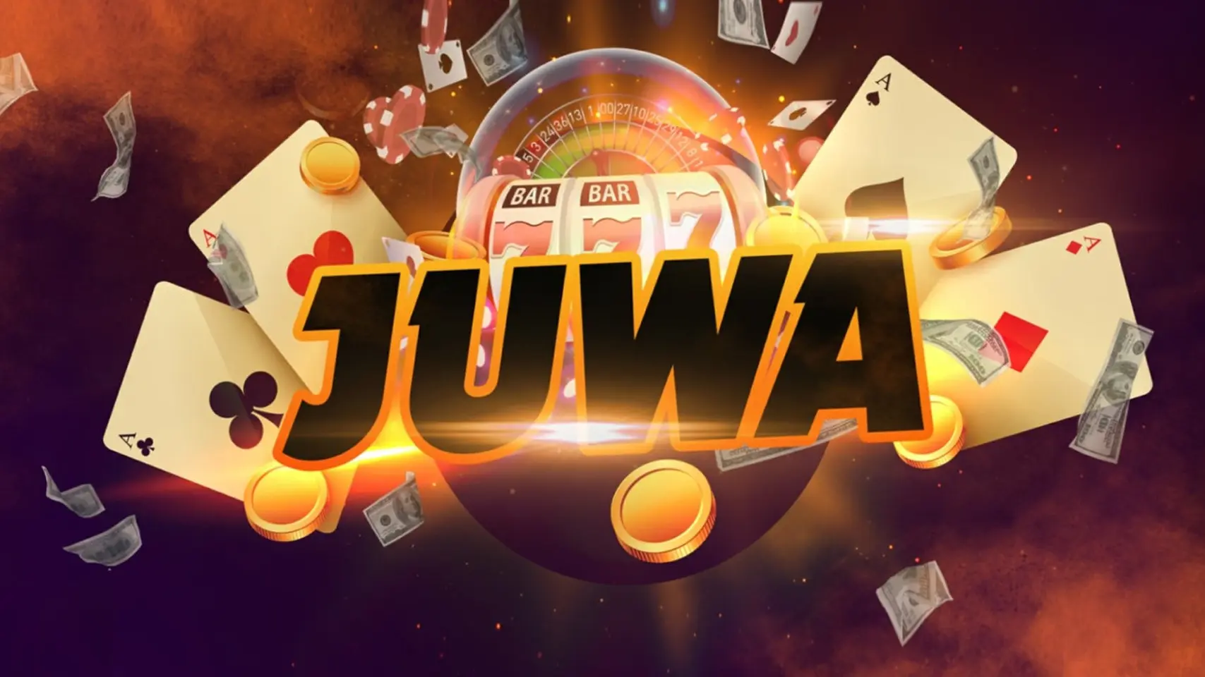 Glowing casino scene with a slot machine reel reading 'JUWA', surrounded by playing cards, coins, and a roulette wheel in a fiery background.