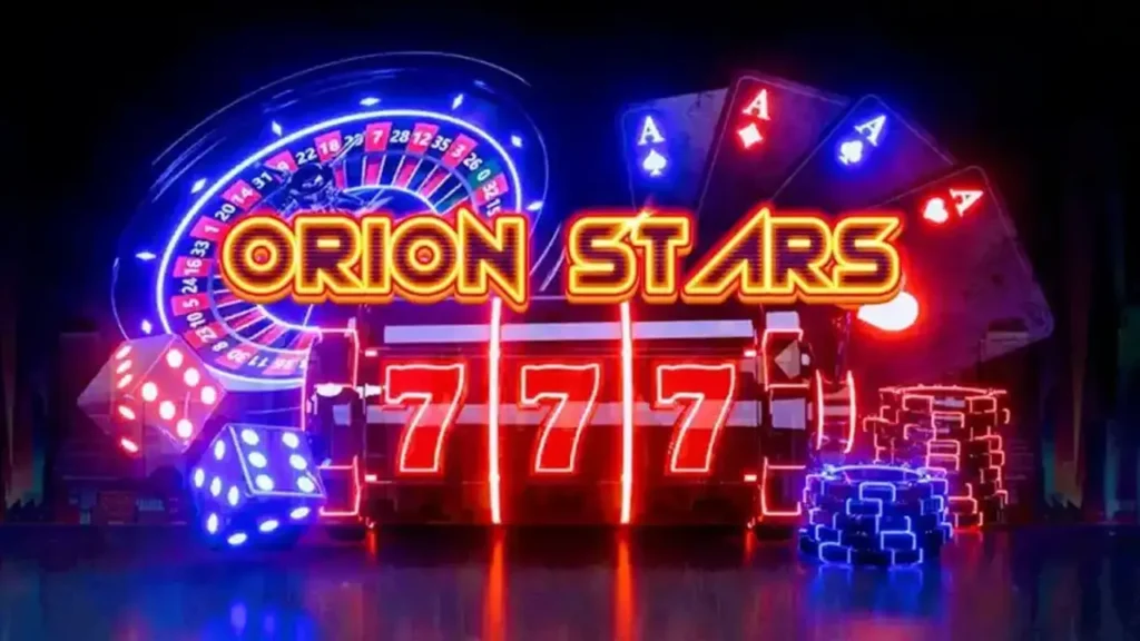 Neon casino sign reading 'Orion Stars' with 777s, a roulette wheel, glowing dice, and playing cards in a dark background.