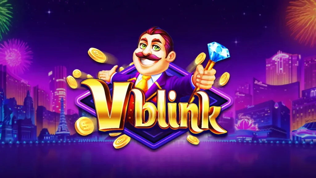 Colorful game cover with a smiling cartoon magnate, gold coins, a glowing diamond, and the word 'Vblink' over a neon city backdrop.